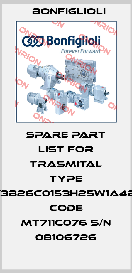 SPARE PART LIST FOR TRASMITAL TYPE 711C3B26C0153H25W1A42VS CODE MT711C076 S/N 08106726 Bonfiglioli