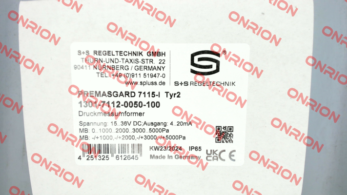 P/N: 1301-7112-0050-100, Type: 7115- I - (Q) S+S REGELTECHNIK