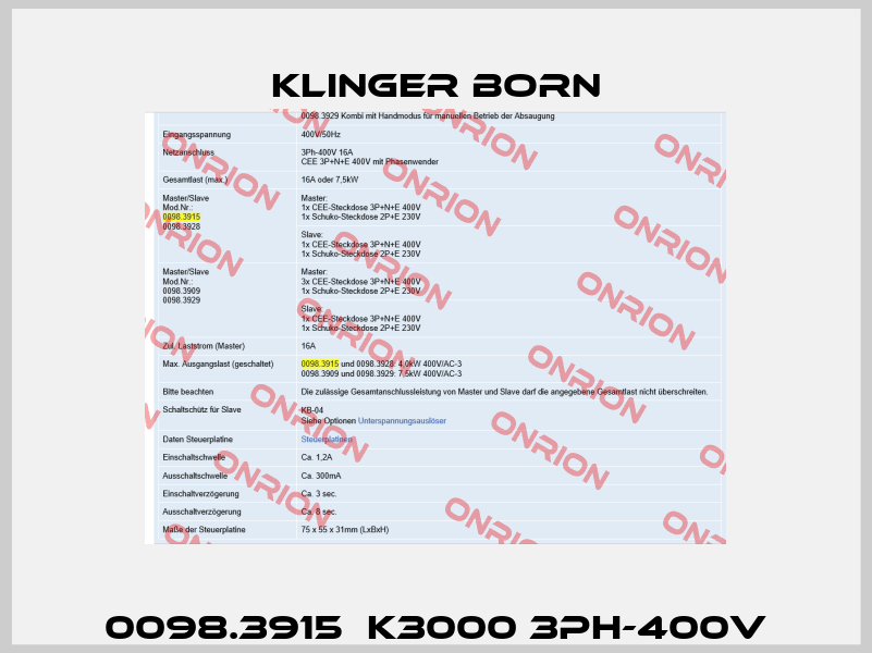 0098.3915  K3000 3Ph-400V Klinger Born